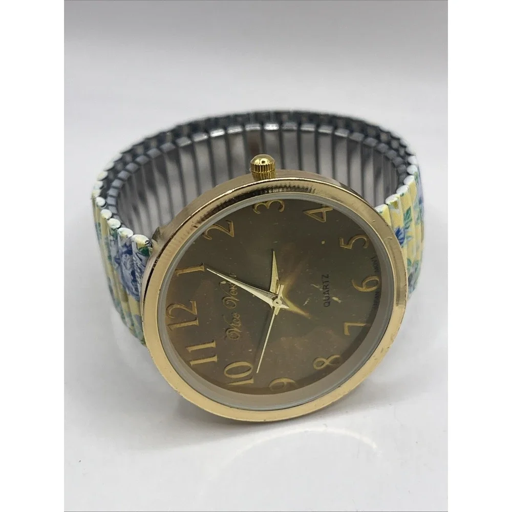 Vice Versa Women's Quartz Watch‎ Floral Stretch Band Gold 40mm Case- New Battery
